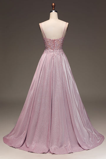 Glitter Spaghetti Straps Corset Blush Ball Dress with Beading
